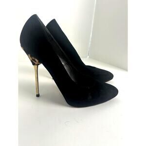 Women's Stuart Weitzman Black Suede Stiletto Heels, Animal Print Gold Heel 71/2